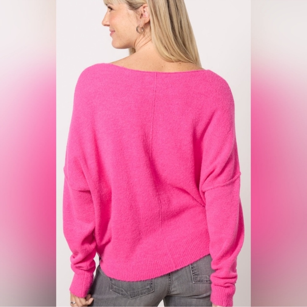 Evereve Rochelle Off Shoulder Pullover Sweater Fushia Pink Medium Relaxed Soft - Picture 2 of 16